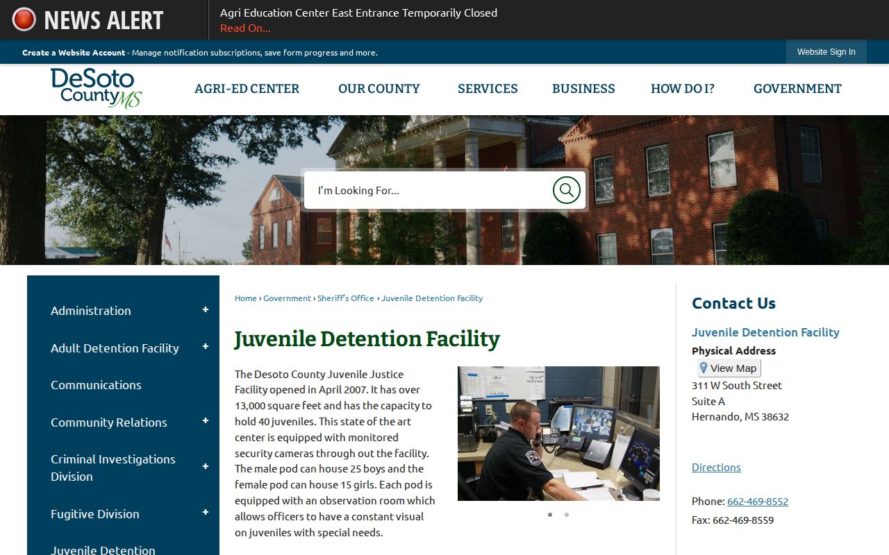Official DeSoto County Juvenile Detention Facility information page