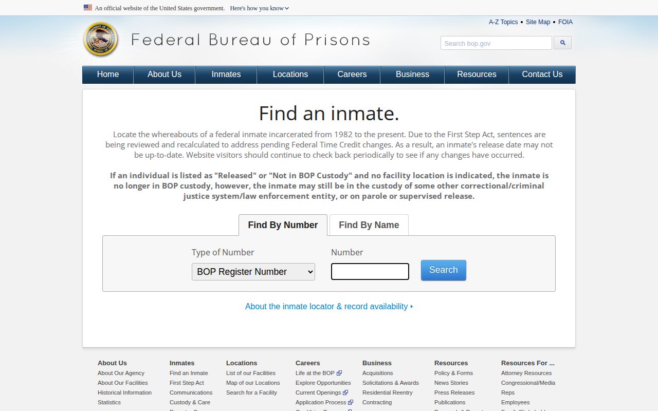 BOP federal release locator for DeSoto County records